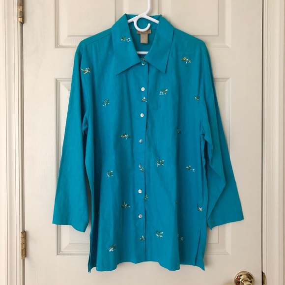 E Street Tops - E Street Linen/Cotton Blend Button Front Embroidered Top Turquoise Size Large
